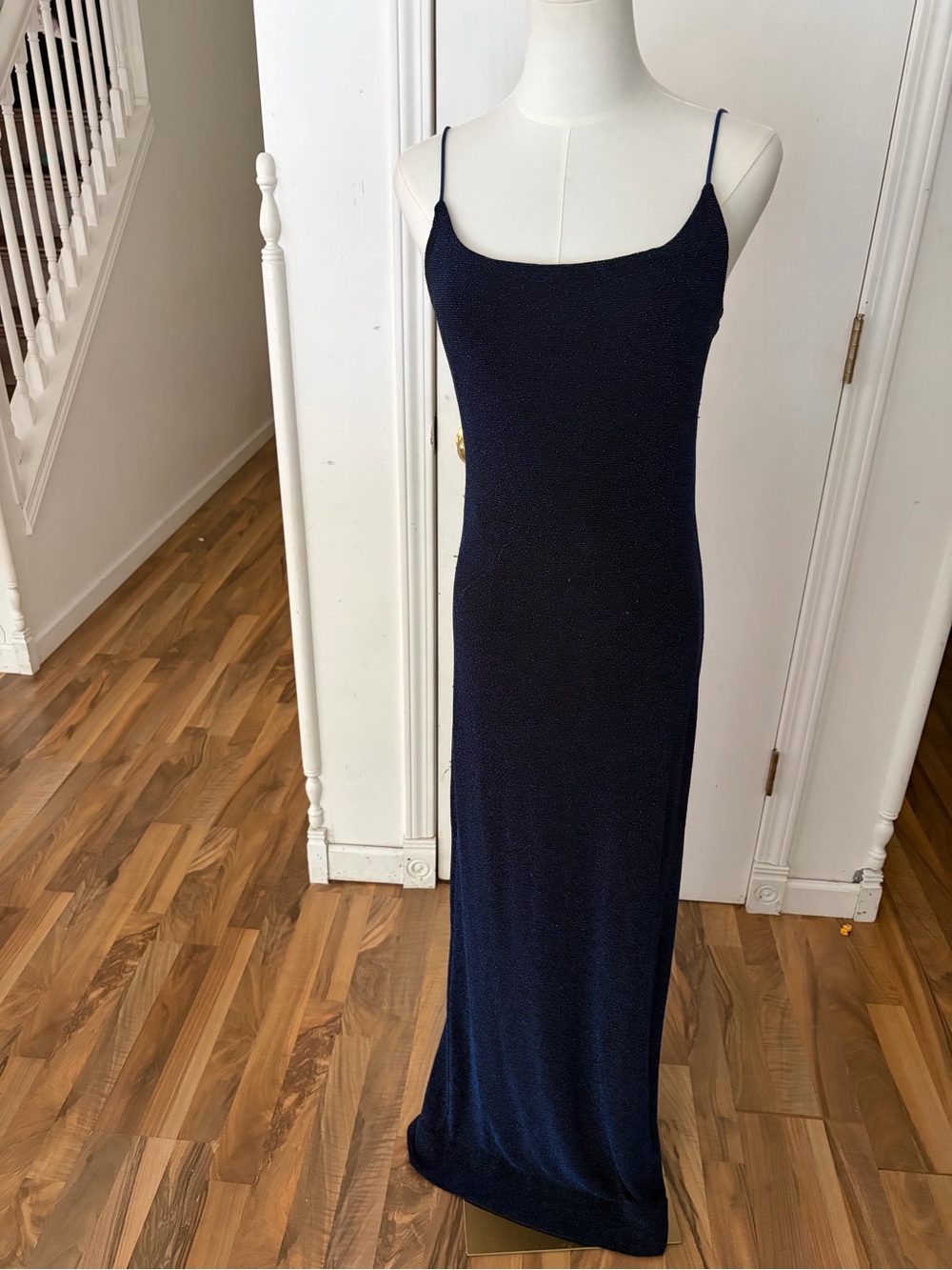 Sleek Stretchy Deep Blue Shimmery  Long Slip Dress, Size 12, EUC